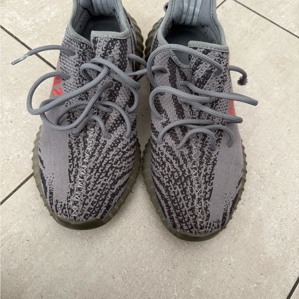 Authentic Yeezys, Men’s Gray and Black Sneakers with Red Accents